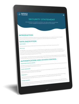 ONVU Learning Security Statement web page on a tablet device